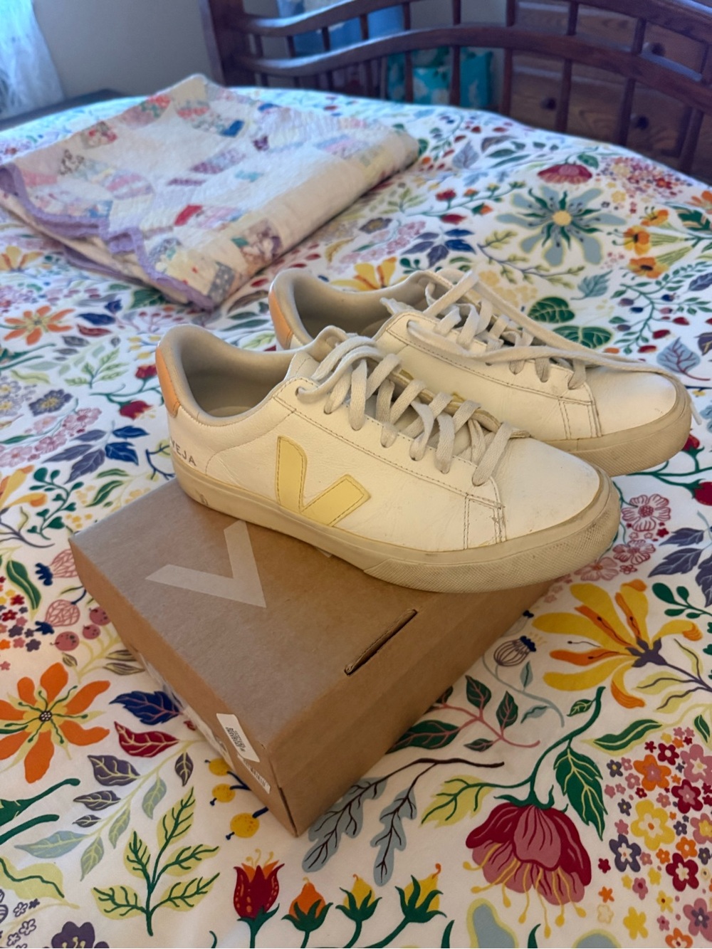 Veja Women’s White Leather Sneakers with Yellow V Accent